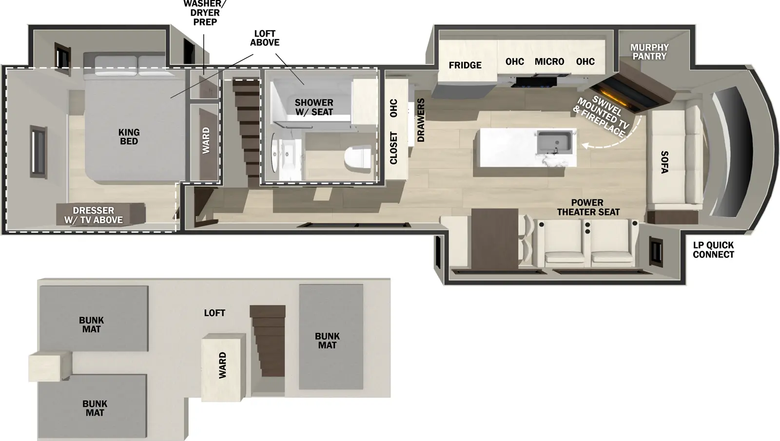 The Cedar Creek Cottage 40CDL floorplan has two entries and three slide outs. Exterior features include: fiberglass exterior and 18' awning. Interiors features include: loft, kitchen island, free-standing dinette option, rear bedroom and front living.